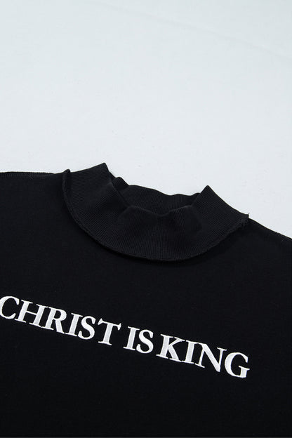 Black CHRIST IS KING Embroidery High Neck Baggy Sweatshirt