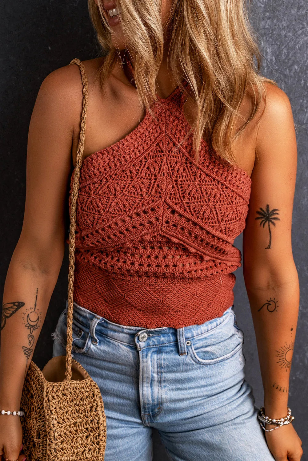 Red Clay Knit Crochet Halter Neck Backless Tank Top - Chic Meadow Boutique 