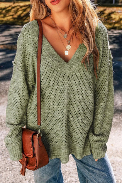 Sweaters & Cardigans/Sweaters Jungle Green / S / 50%Regenerated Polyester+27%Acrylic+15%Polyamide+6%Wool+2%Elastane Jungle Green Loose Eyelet V Neck Drop Shoulder Sweater