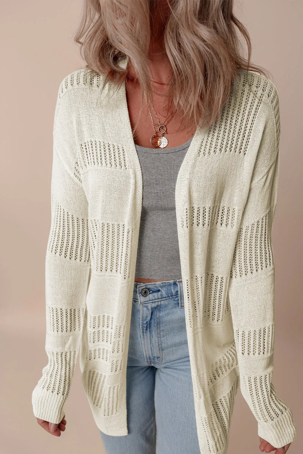 White Solid Color Lightweight Open Knit Tunic Cardigan - Chic Meadow Boutique 