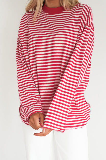 Red Stripe Oversized Long Sleeve Round Neck Top