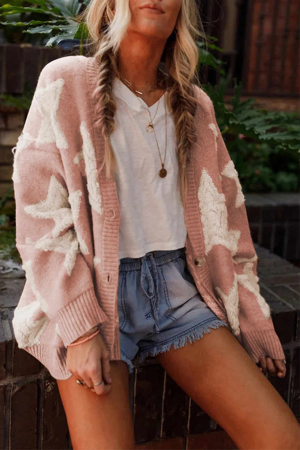 Pink Sherpa Star Pattern Textured Sweater Cardigan with Pockets - Chic Meadow Boutique 