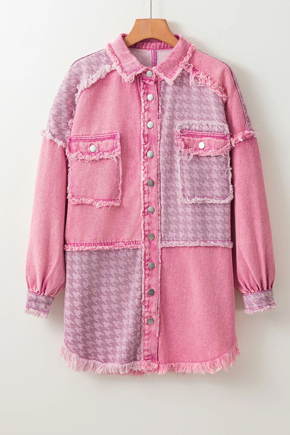 Pink Retro Distressed Houndstooth Patchwork Denim Jacket - Chic Meadow Boutique 