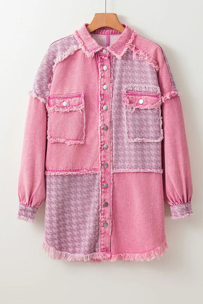 Pink Retro Distressed Houndstooth Patchwork Denim Jacket - Chic Meadow Boutique 