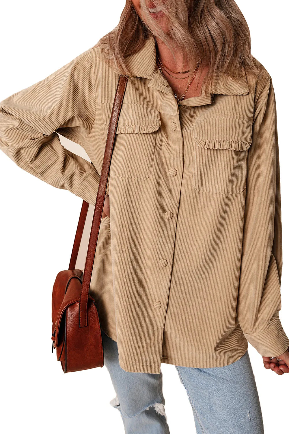 Light French Beige Solid Frilled Flap Pocket Button Up Corduroy Shacket - Chic Meadow Boutique 