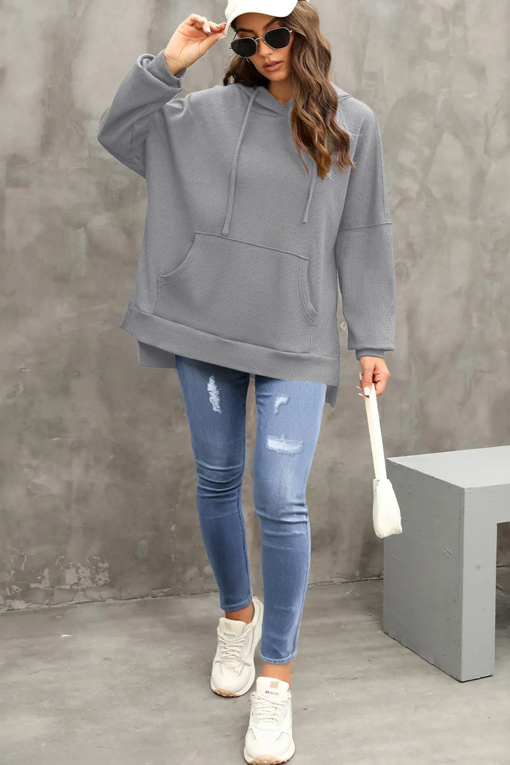 Gray Waffle Knit Fleece Lined High Low Oversized Hoodie - Chic Meadow Boutique 