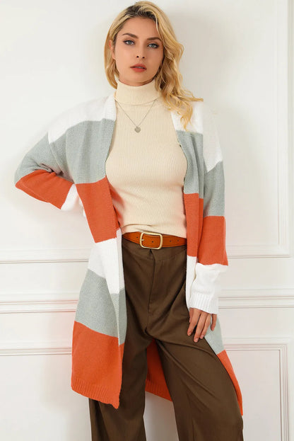 Orange Striped Color Block Drop Shoulder Midi Cardigan - Chic Meadow Boutique 