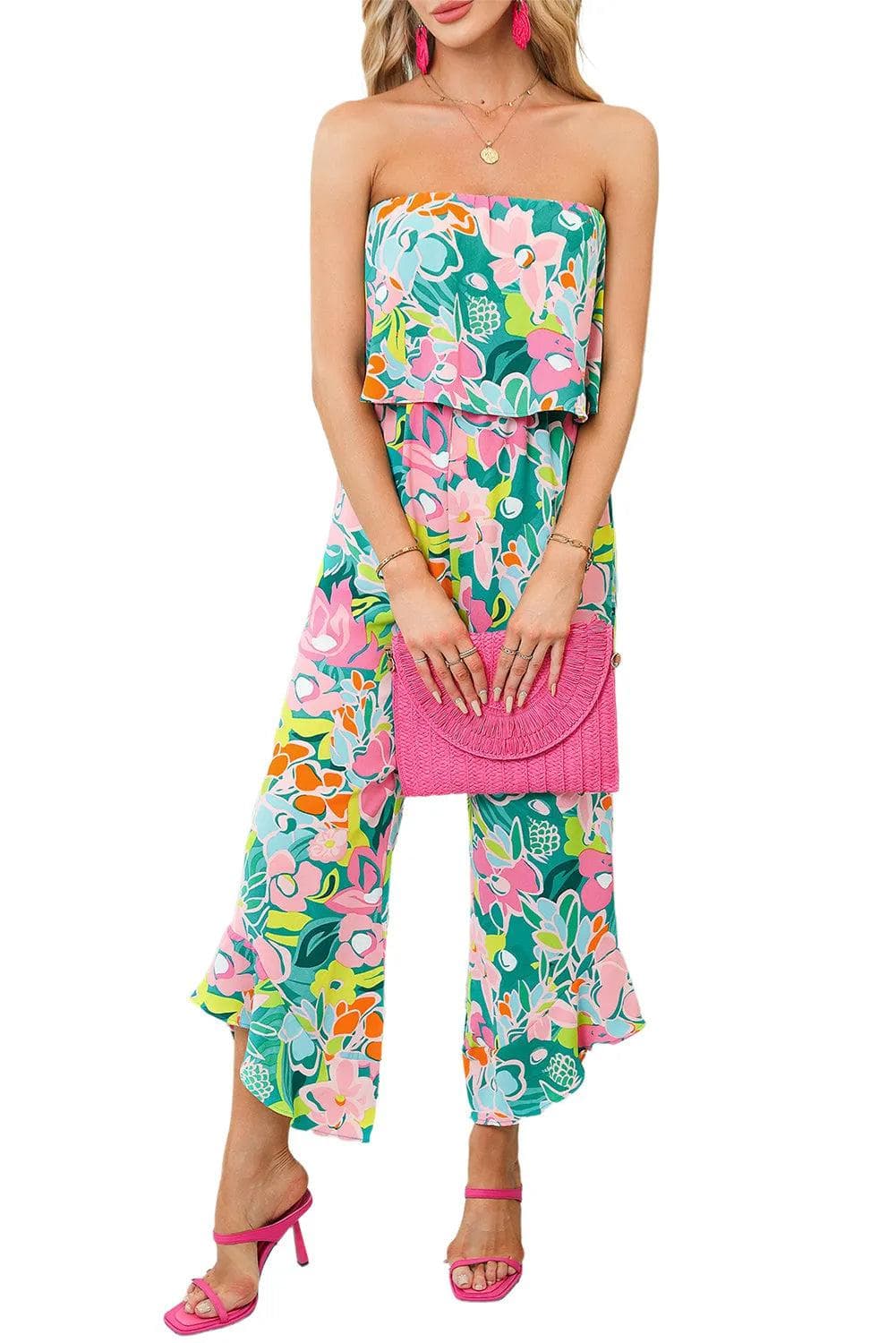 Bottoms/Jumpsuits & Rompers Green Mix Tropical Print Strapless Ruffled Jumpsuit