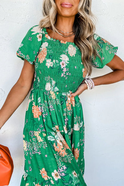 Green Floral Print Bubble Sleeve Smocked Tiered Midi Dress - Chic Meadow Boutique 