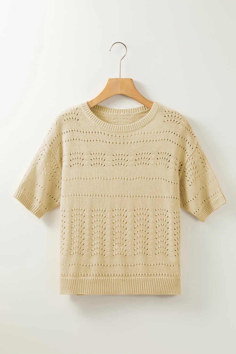 Beige Knitted Hollow out Short Sleeve Crop Sweater - Chic Meadow Boutique 