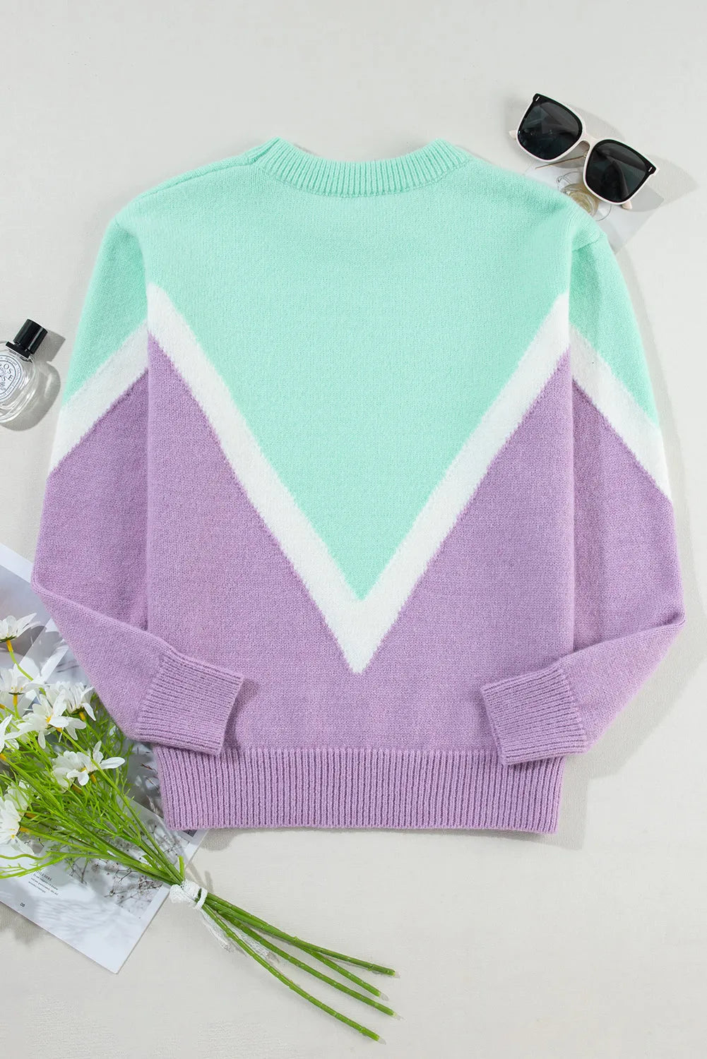 Green Chevron Colorblock Ribbed Knit Drop Shoulder Sweater - Chic Meadow Boutique 