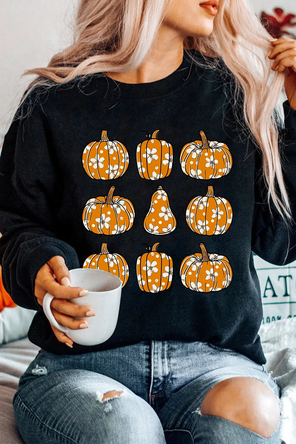 Black Floral Pumpkin Graphic Round Neck Halloween Sweatshirt - Chic Meadow Boutique 