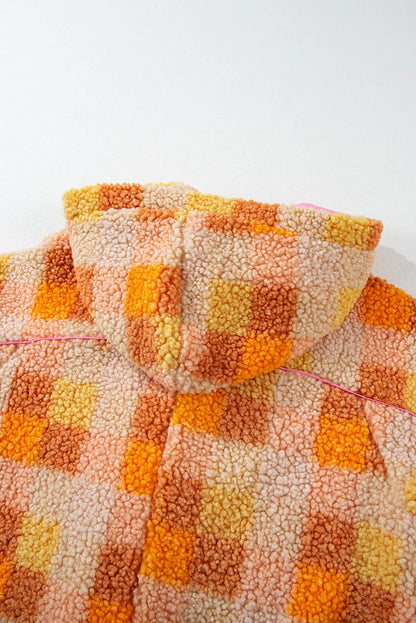 Orange Checkered Sherpa Hooded Jacket - Chic Meadow Boutique 