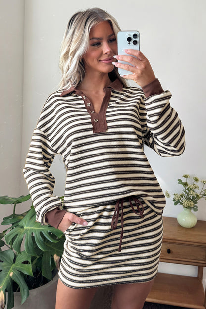 Brown Stripe Contrast Trim Button Neck Long Sleeve Top Drawstring Mini Skirt Set