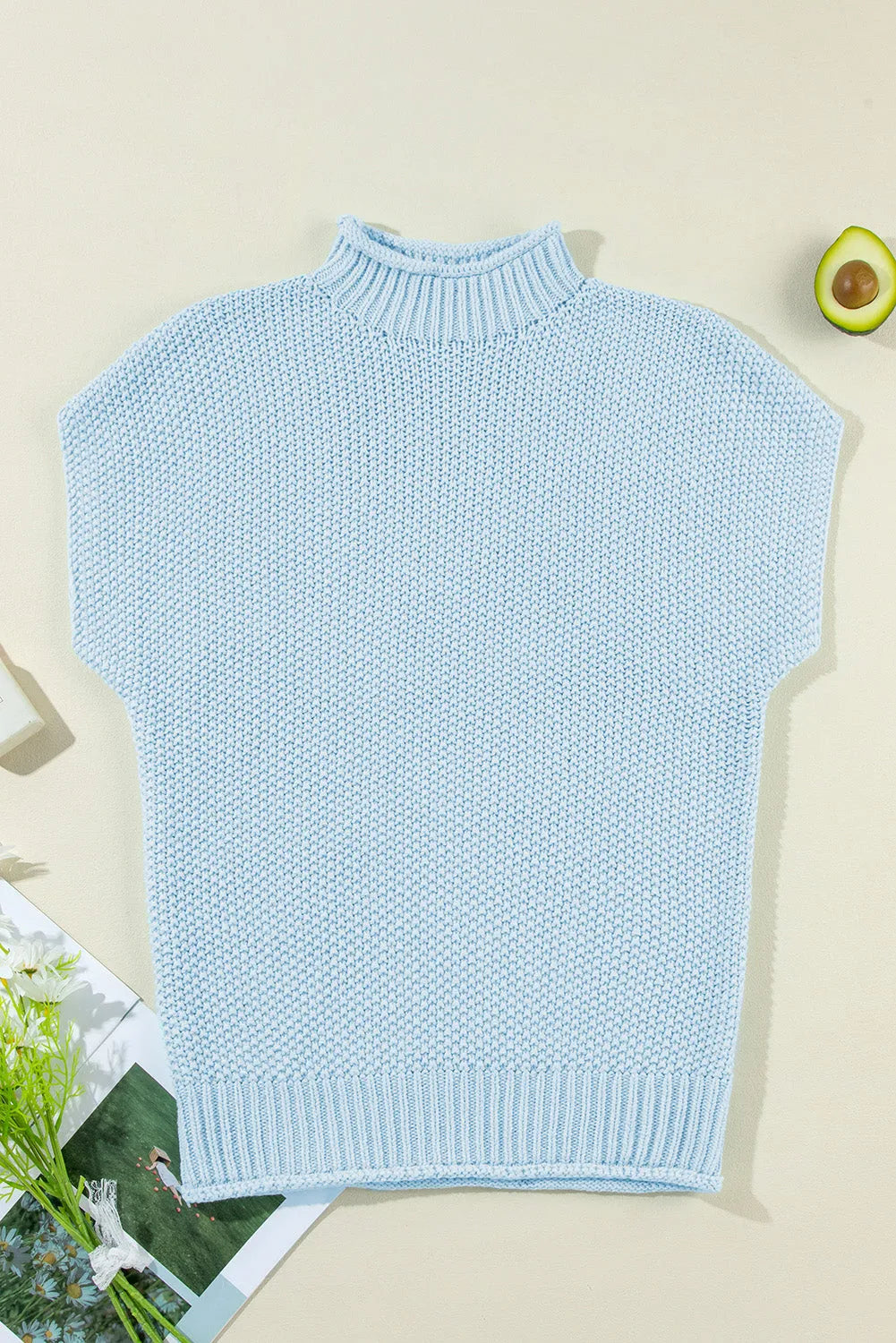 Iceland Blue High Neck Bat Short Sleeve Sweater - Chic Meadow Boutique 