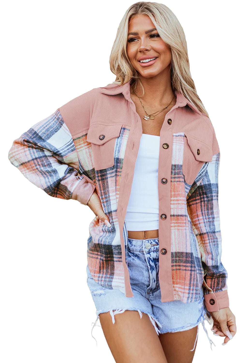 Light Pink Plaid Corduroy Patchwork Chest Pocket Shacket - Chic Meadow Boutique 