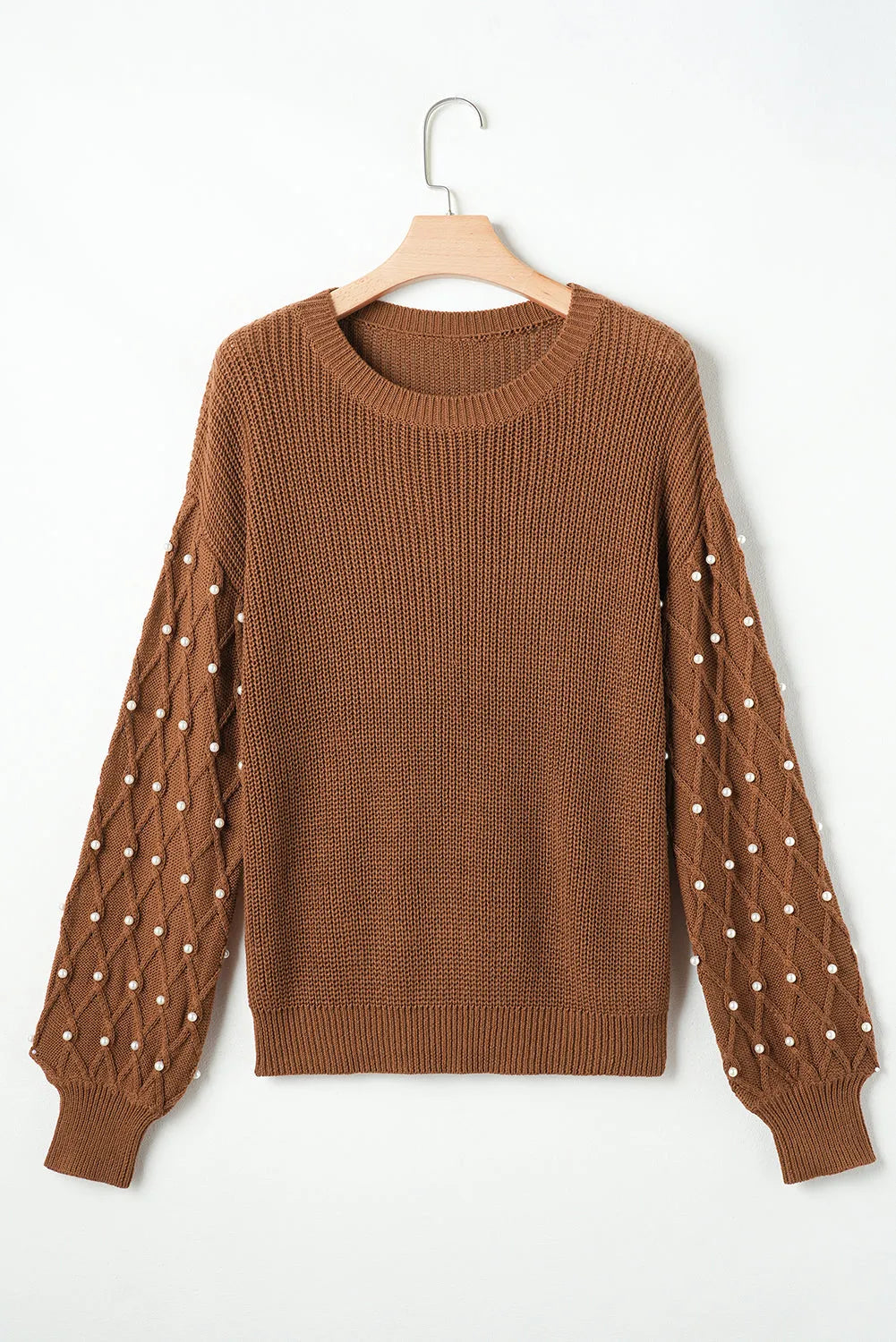 Chestnut Beaded Drop Shoulder Round Neck Sweater - Chic Meadow Boutique 