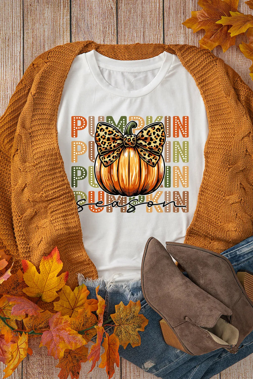 White PUMPKIN Season Leopard Bow Print Crew Neck T Shirt - Chic Meadow Boutique 