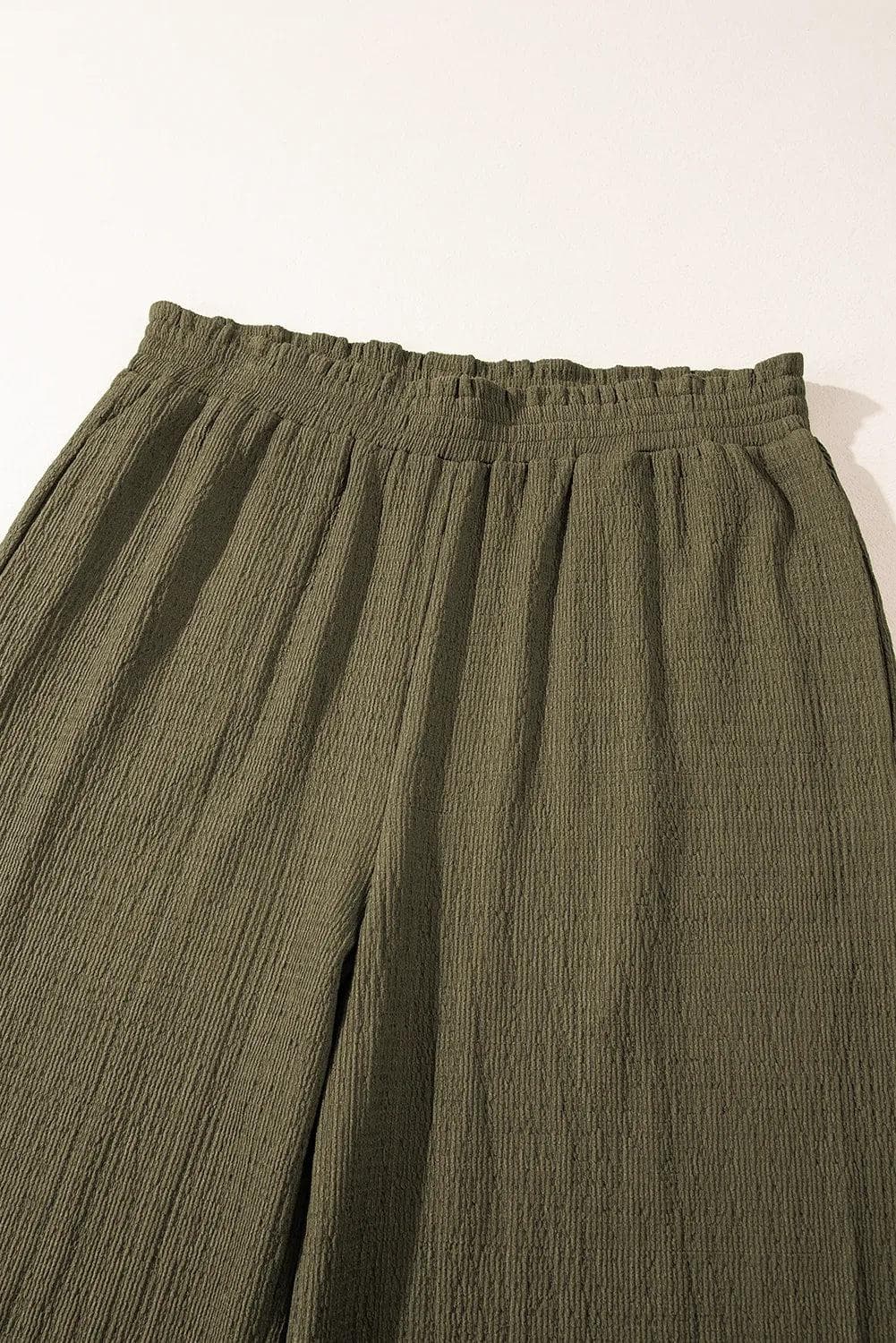 Plus Size/Plus Size Bottoms Jungle Green Plus Size Textured Shirred High Waist Casual Pants