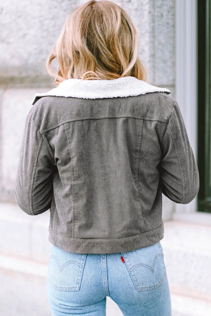 Gray Corduroy Sherpa Snap Button Flap Jacket - Chic Meadow Boutique 