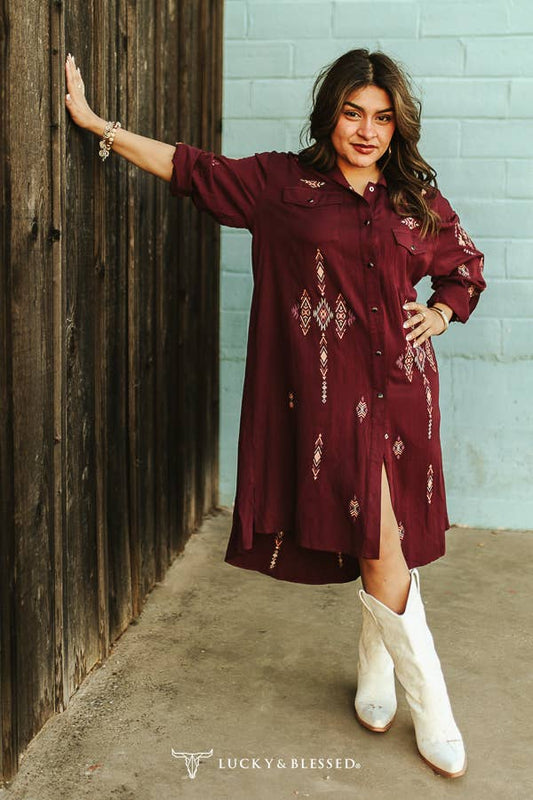 Plus Burgundy Button Down Embroidered Aztec Collared Dress