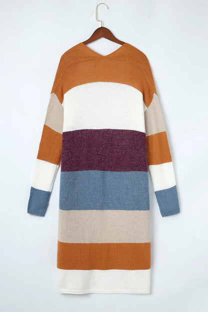 Multicolor Colorblock Open Front Long Knit Cardigan - Chic Meadow Boutique 