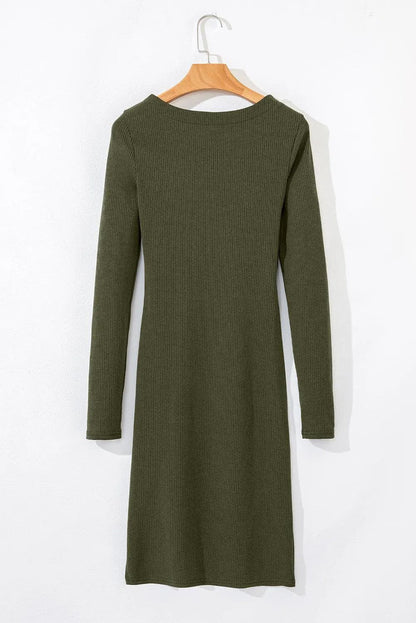 Dresses/Mini Dresses Jungle Green Ribbed Side Slit Ruched Slim Fit Long Sleeve Mini Dress