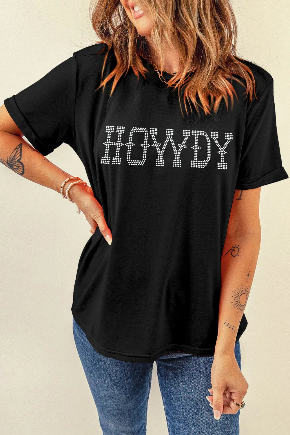 Black HOWDY Rhinestone Slim Fit Crew Neck T Shirt - Chic Meadow Boutique 