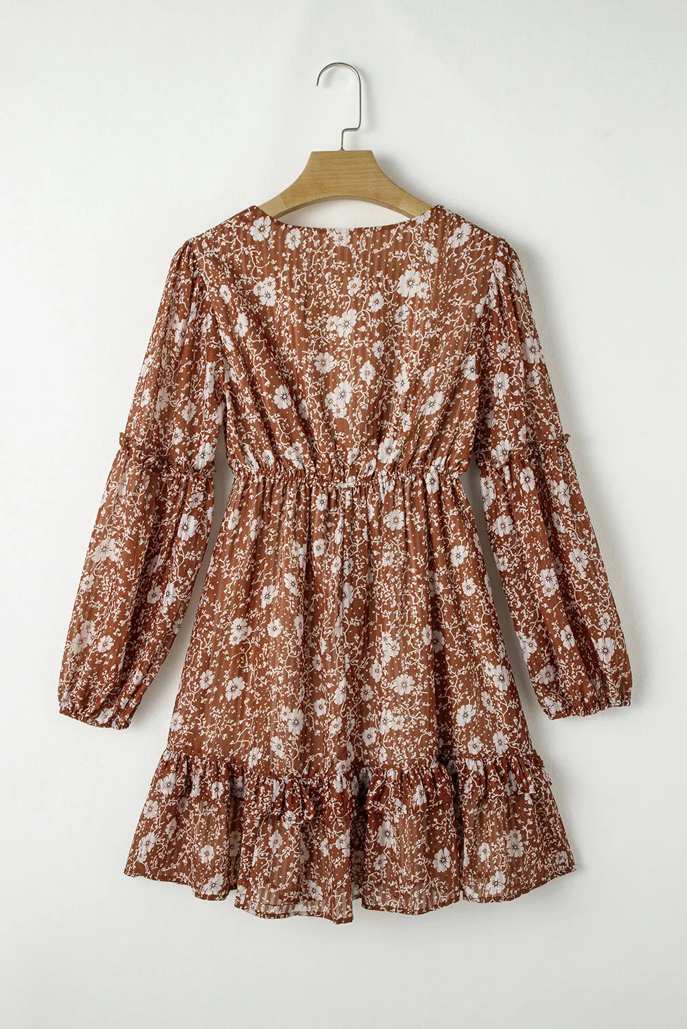 Brown Boho Floral Ruffled Puff Sleeve V Neck Mini Dress - Chic Meadow Boutique 