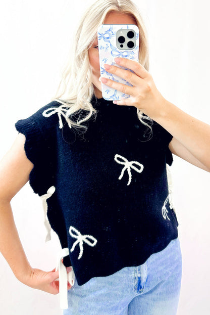 Black Bow Print Side Ties Scalloped Hem Sweater T Shirt