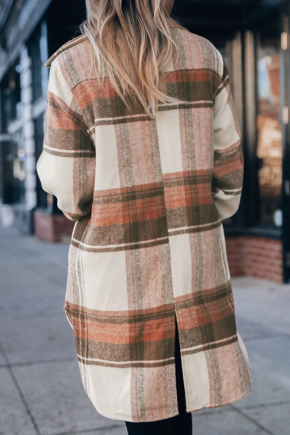 Brown Plaid Print Flap Pockets Long Shacket - Chic Meadow Boutique 