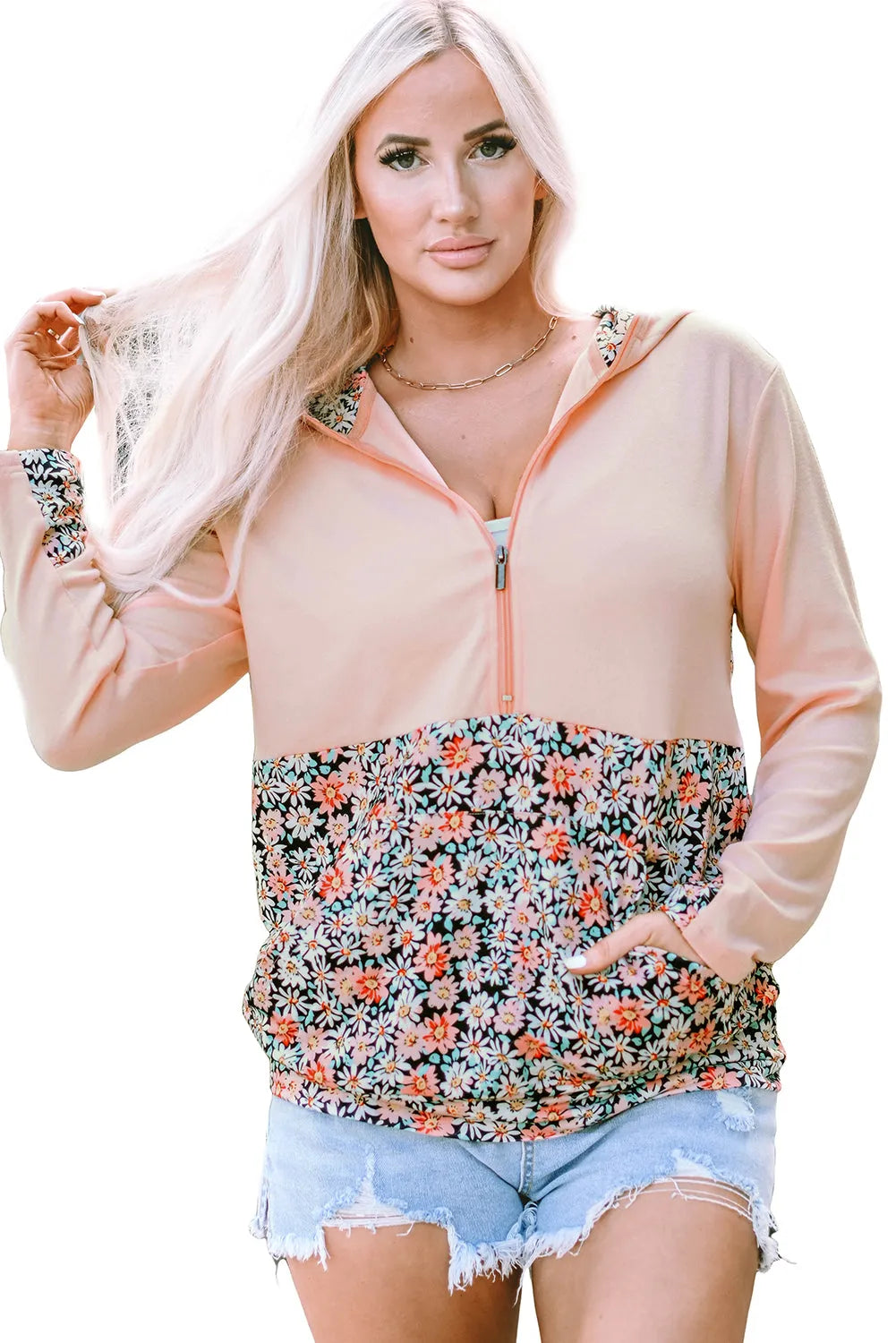 Pink Floral Patch Half Zip Kangaroo Pocket Hoodie - Chic Meadow Boutique 