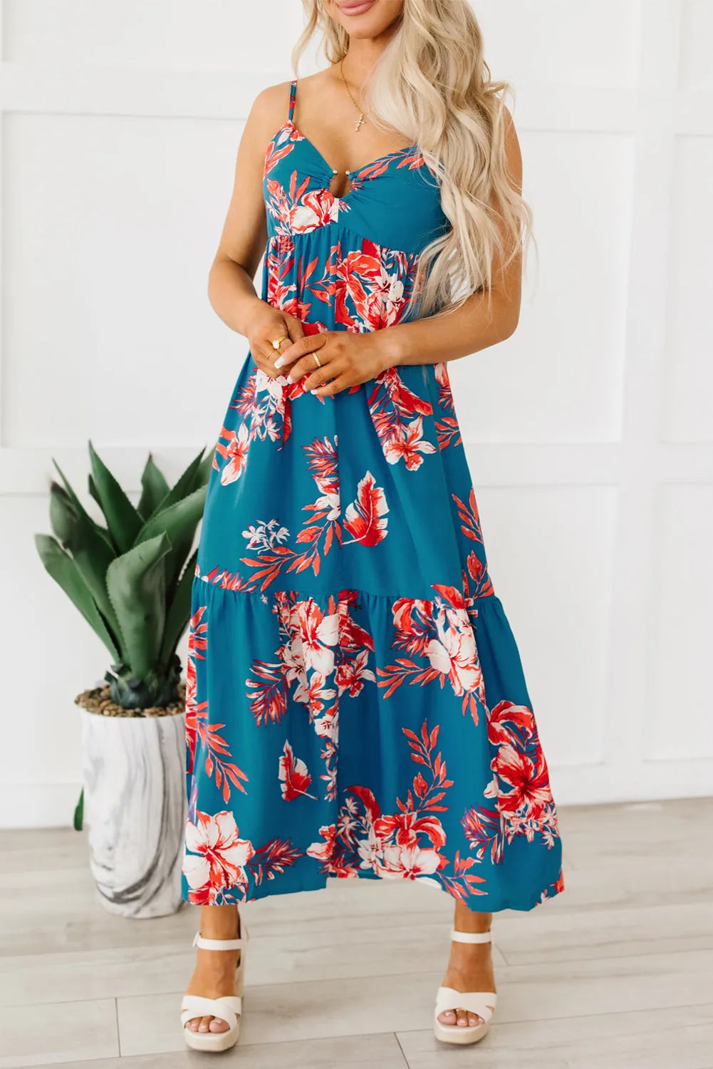 Sky Blue Strappy Open Back Floral Maxi Dress - Chic Meadow Boutique 