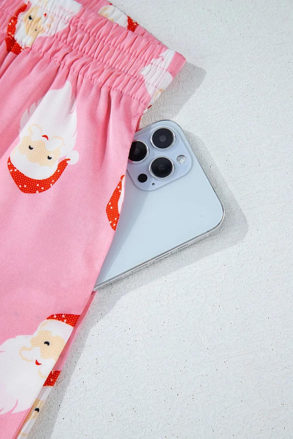 Loungewear & Sleepwear/Sleepwear Pink Christmas Santa Claus Print Satin Shirt and Shorts Set