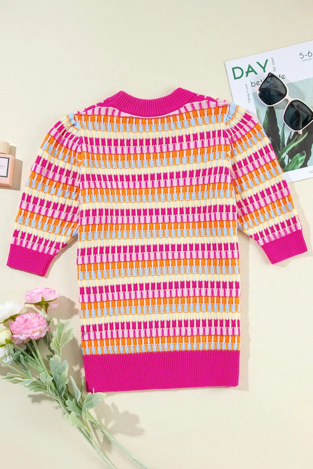 Red Striped Knitted Short Sleeve Sweater Top - Chic Meadow Boutique 