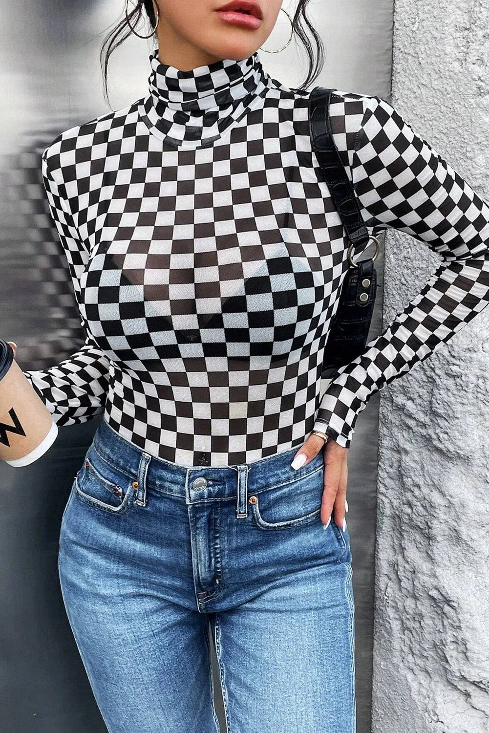 Black Checkered Printed Long Sleeve High Neck Bodysuit - Chic Meadow Boutique 