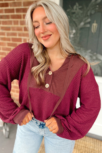 Racing Red Waffle Patchwork Drop Shoulder Hooded Long Sleeve Top