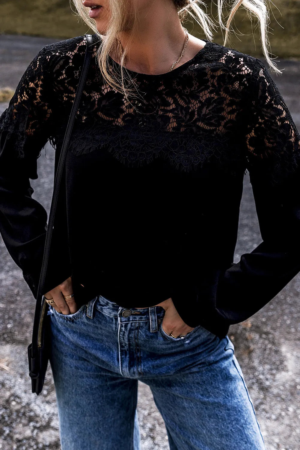 Black Lace Crochet Patchwork O Neck Long Sleeve Top - Chic Meadow Boutique 