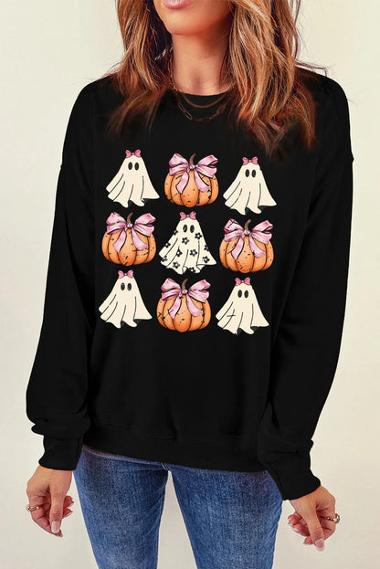 Black Halloween Bowknot Ghost Pumpkin Graphic Crewneck Sweatshirt - Chic Meadow Boutique 