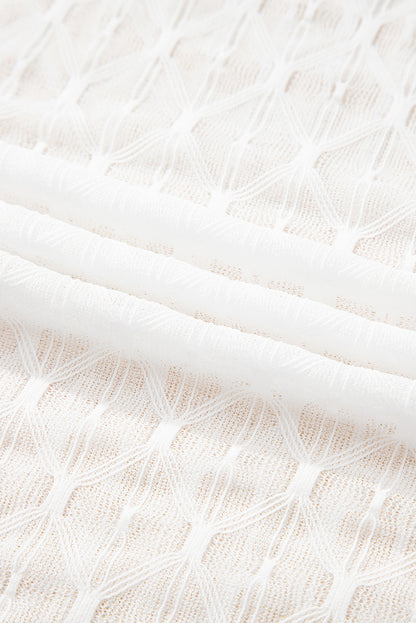 Beige Sheer Mesh Patterned Lettuce Trim Slim Long Sleeve Top