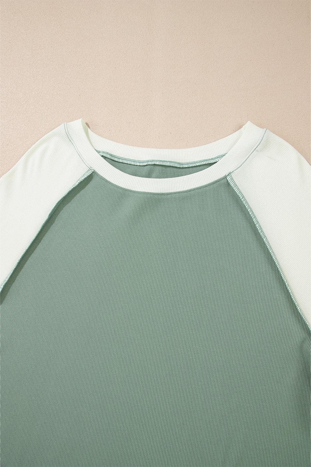 Tops/Long Sleeve Tops Mint Green Ribbed Colorblock Patchwork Raglan Long Sleeve Top