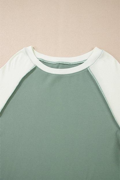 Tops/Long Sleeve Tops Mint Green Ribbed Colorblock Patchwork Raglan Long Sleeve Top