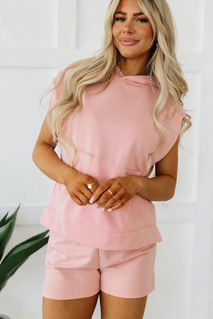 Two Piece Sets/Short Sets Light Pink Solid Color Sleeveless Hoodie and Shorts Set