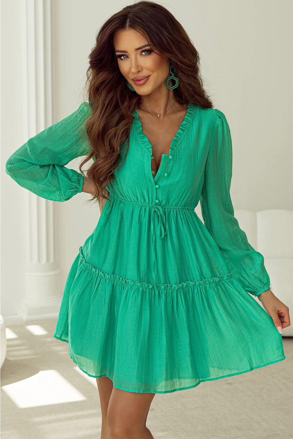 Sea Green Frilly V Neck Puff Sleeve Drawstring Shift Mini Dress - Chic Meadow Boutique 