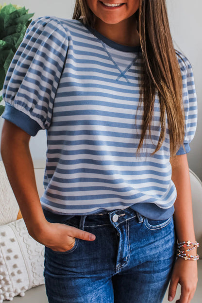 Sky Blue Stripe Short Bubble Sleeve T Shirt