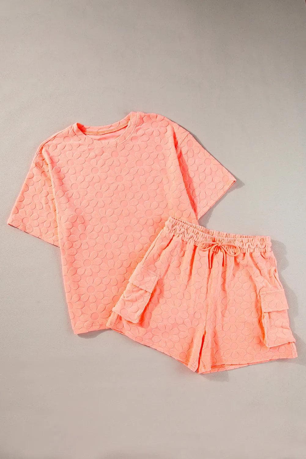 Two Piece Sets/Short Sets Grapefruit Orange Floral Textured Short Sleeve Top and Shorts Lounge Set