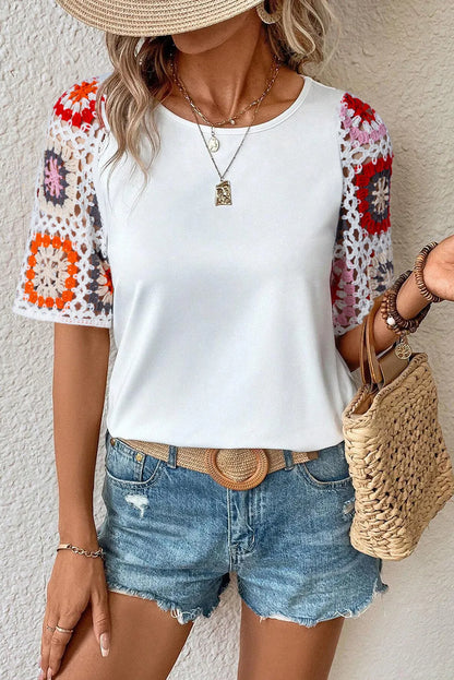 White Floral Crochet Short Sleeve Top - Chic Meadow Boutique 