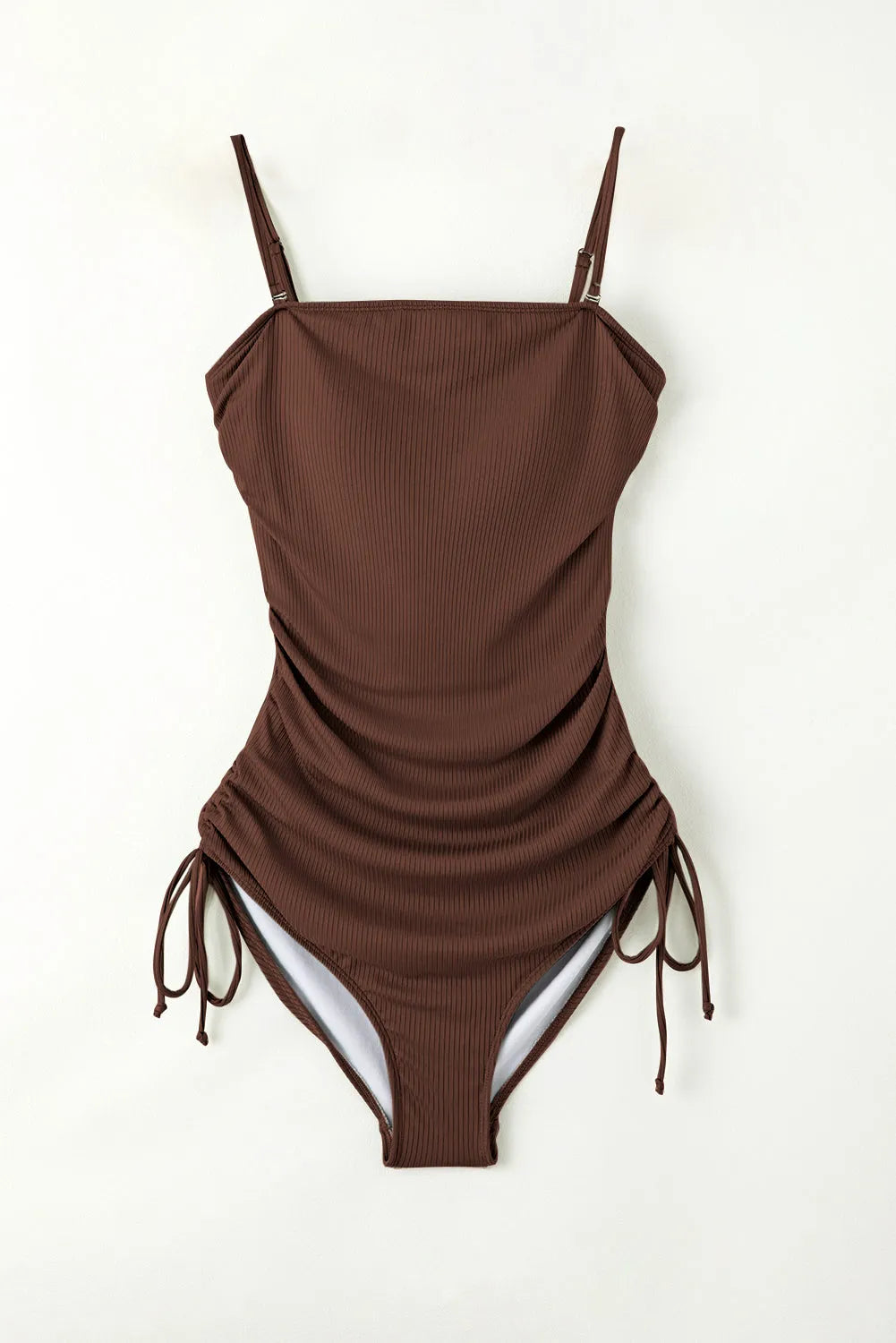 Coffee Ribbed Drawstring Sides Cutout One Piece Swimsuit - Chic Meadow Boutique 