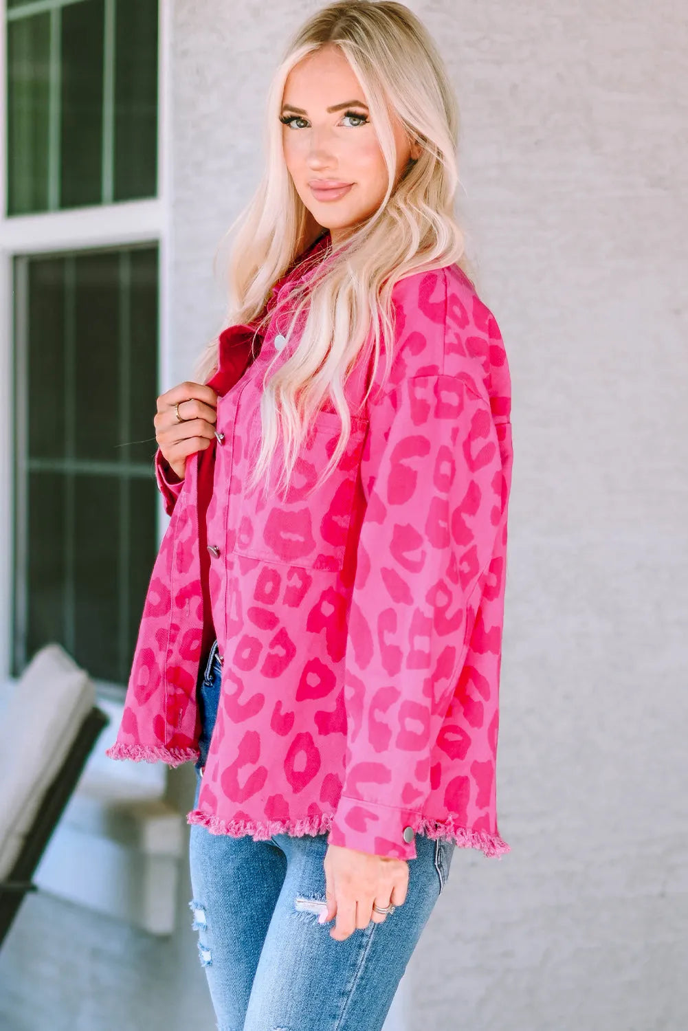 Outerwear/Denim jackets Pink Leopard Print Button Cuffs Raw Hem Jacket