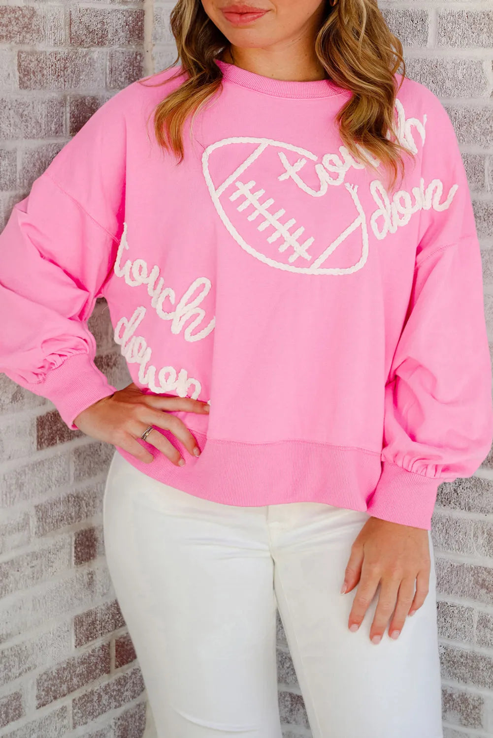 Pink Touch Down Rugby Football Embroidered Plus Size Sweatshirt - Chic Meadow Boutique 